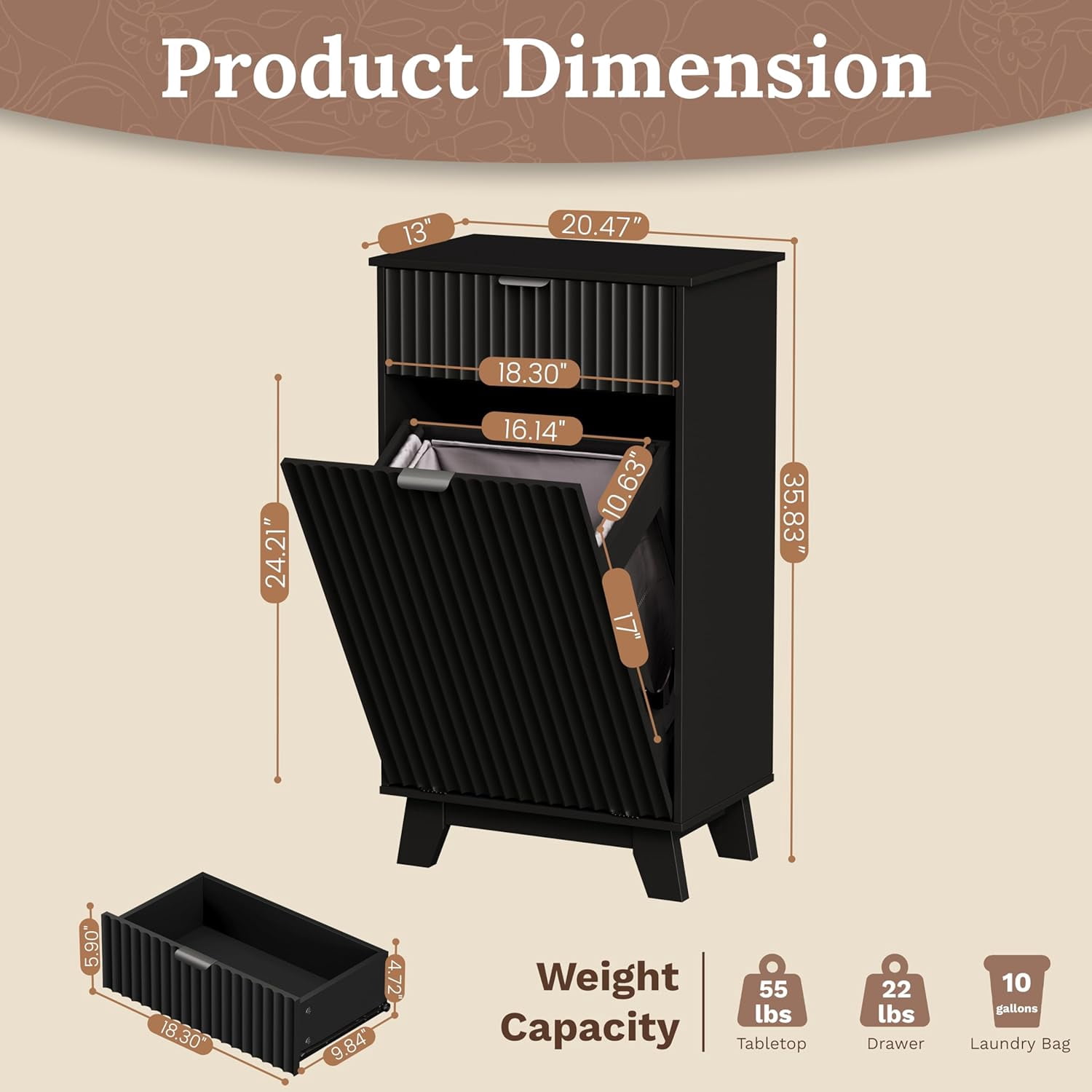 FANRAL Single Tilt Out Laundry Hamper Cabinet,10 Gallon Wooden Hidden Storage Cabinet,Fluted Trash Can for Bathroom Kitchen Living Room,Black Laundry Basket Cabinet