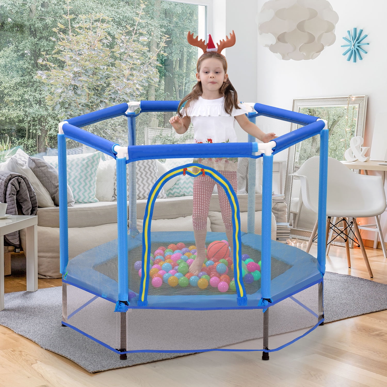 Kadyn 55" Toddlers Trampoline, Vinyl Jumping Trampoline with Safety Enclosure Net and Balls, Indoor Outdoor Mini Trampoline for Kids, Blue