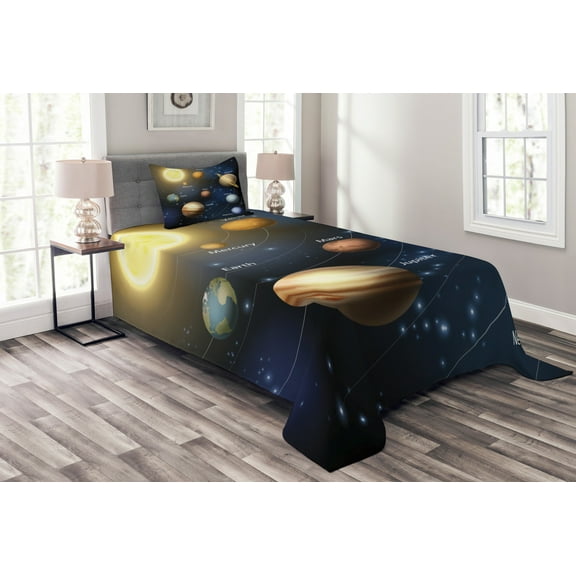 Ambesonne Space Quilted Bedspread Set 2 Pcs, Solar System Planets, Twin Size, Multicolor