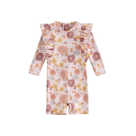 

Toddler Baby Girls Long Sleeve One-Piece Swimsuit Floral Ruffles Jumpsuit Rash Guard Bathing Suit