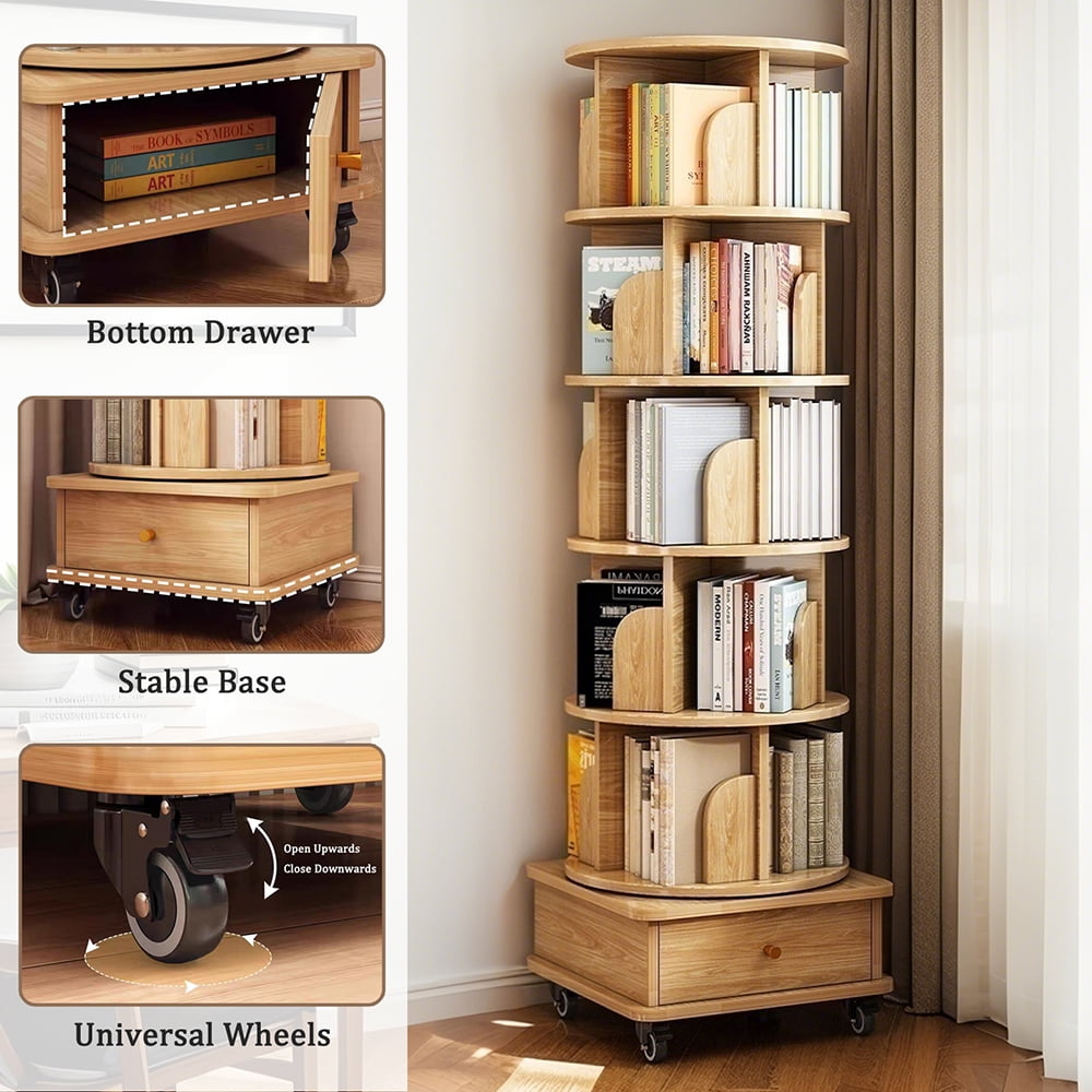 WARMMUSE 6 Tier Rotating Bookshelf, 360 ° Display Spinning Round Floor Standing Bookcase with Wheels and Drawer  for Bedroom, Living Room, Natural