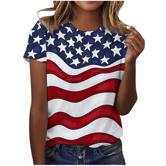 Hueook July 4th Tops for Women Running Shirts Women's Casual Fashion Printed T-Shirt Crewneck Short-Sleeved Multicolor S