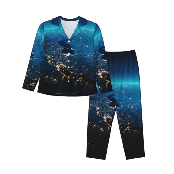 Fotbe Planet Earth Conjunto de Pijama de Manga Larga para Mujer con Estampado, Ropa de Dormir de 2 Piezas, Conjunto de Casa Suave y Cómodo con Bolsillos-Small