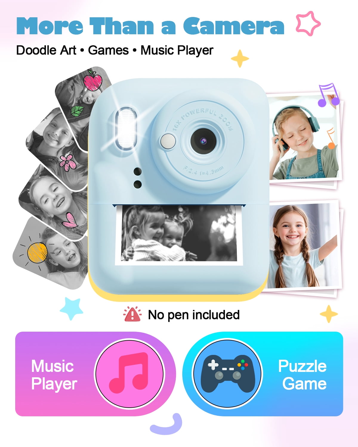 Seckton Instant Print Camera for Boys Girls , Dual-Lens 1080P Kid Digital Camera Birthday Gifts for 3-12 Year Old Boy Blue