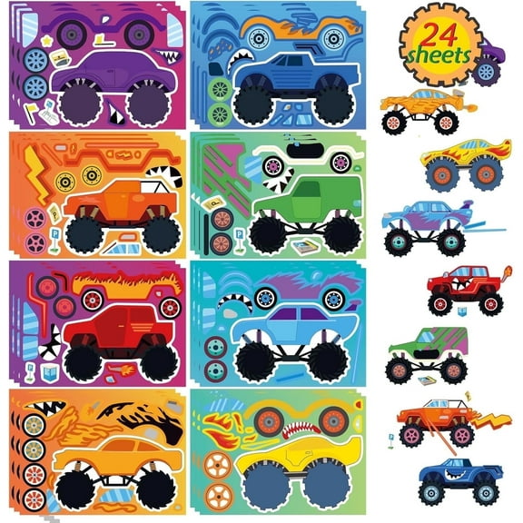 24 Sheets Monster Truck Stickers for Kids, DIY Make Your Own Truck Stickers Kit, Cartoon Car Make-a-Face Activity, Birthday Party Favors, Classroom Crafts for Boys and Girls