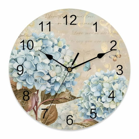 Wall Clock Hydrangea Floral Clocks PVC Silent Non-Ticking Battery Operated Decorative Butterfly Vintage Blossoms Flowers Round Clock for Home Living Room Kitchen Bedroom Office Wall Decor 10 Inch