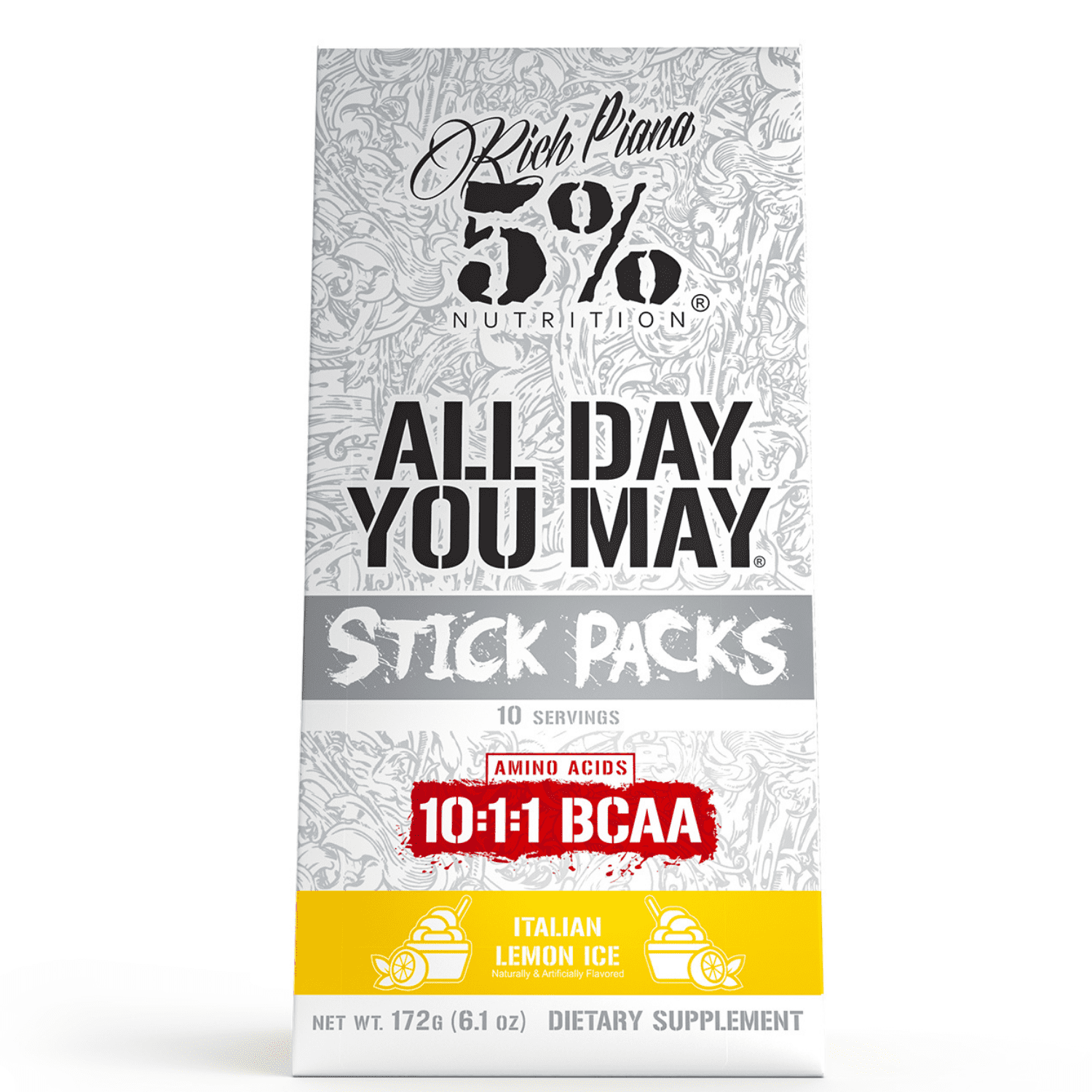 5% Nutrition Rich Piana AllDayYouMay Amino Acid Powder | 9g of Premium Intra & Post Workout Amino Acids for Hydration, Endurance, and Muscle Support (Italian Lemon Ice Flavor)