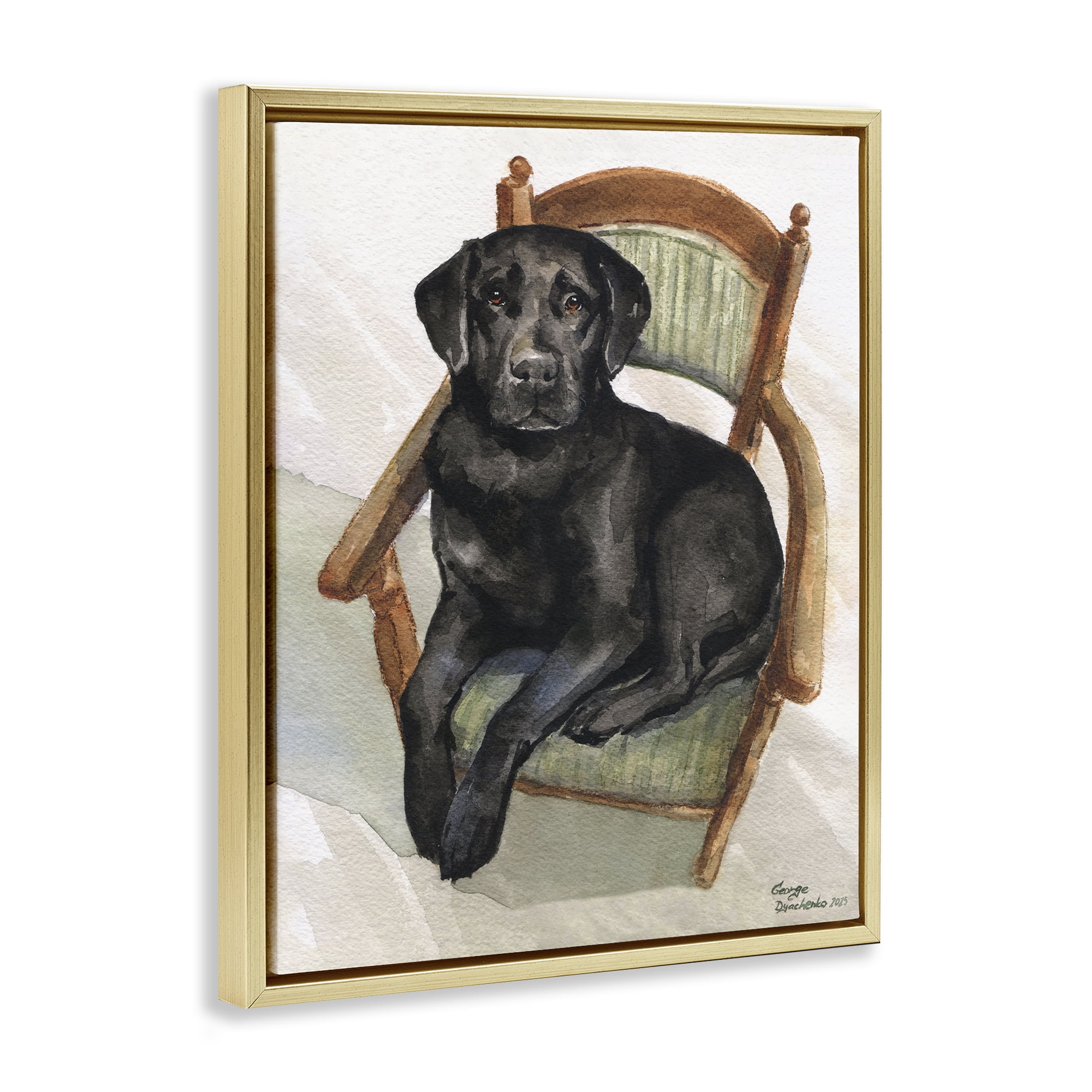 Stupell Industries Black Labrador On Chair Gold Framed Floater Canvas Wall Art, design by George Dyachenko