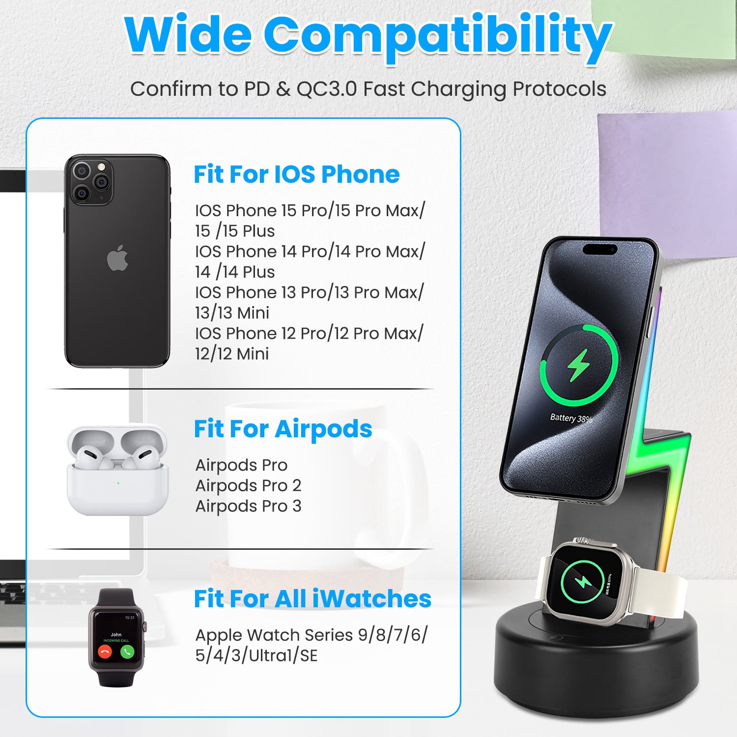 Teqhome 3 in 1 Wireless Charging Station with Magsafe Charger Portable Charger Stand Fit for IOS Phone 12-15 AirPods iWatches Black