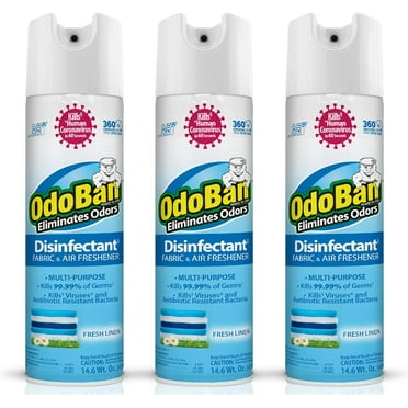 OdoBan Ready-to-Use 360-Degree Continuous Spray Disinfectant Cleaner and Odor Eliminator, Fabric and Air Freshener, 3 Pack, 14.6 Ounces Each, Fresh Linen Scent