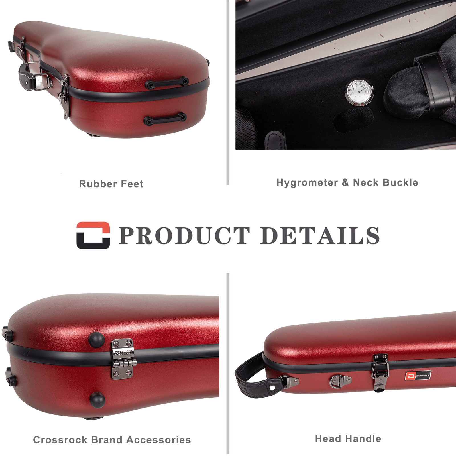 Crossrock Poly Carbon Shaped Case fits 4/4 Full-Size Violin, Includes Protective Blanket, Hygrometer, Accessory Pocket, Detachable Straps -Red