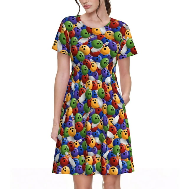 Saiise Robes d'Été Colorées à Motif de Jeu de Quilles pour Femmes, T-Shirt Décontracté à Manches Courtes, Robe de Plage Florale avec Poches