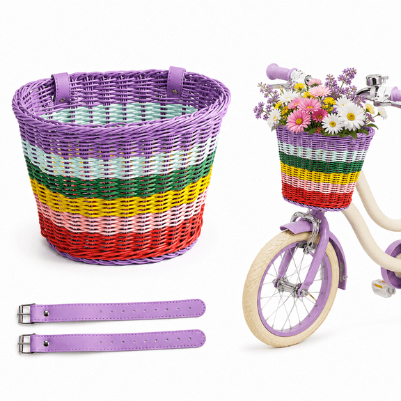 RYLZX Kids Rainbow Bike Basket Front,Hand-Woven Multi-Color Boys Girls Front Bicycle Basket
