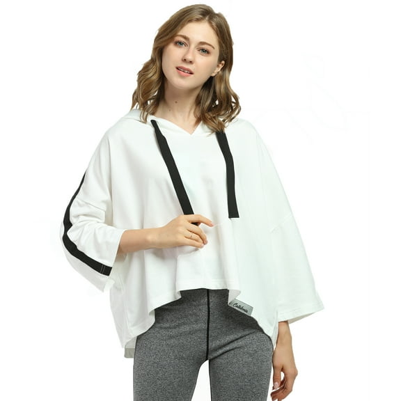 Women’s Crop Top Hoodie Sweatshirt Oversized Casual 3/4 Sleeve One Size White
