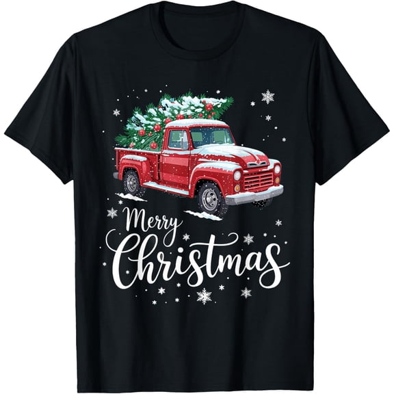 Merry Christmas Red Truck Family Matching Christmas T-Shirt- American fashion hot selling casual retro high quality 100% cotton T-shirt 1 piece