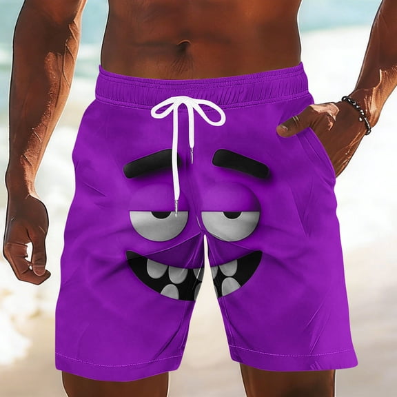 Xdegoge Board Shorts for Men Quick Dry Swim Trunks with Pockets Funny Cartoon Face Print Beach Shorts Comfortable Summer Bathing Suits for Swimming Surfing