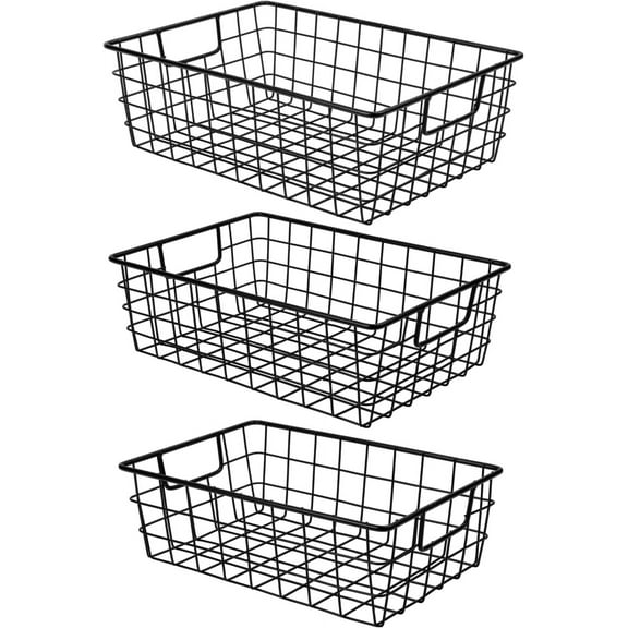 Wetheny 3 Pack Extra Large Wire Basket with Metal Handles, Metal Basket for organizers and storage, Wire Storage Baskets for Pantry, Cabinet, Fridge, Kitchen, Wardrobe, Garage, Bathroom, Black