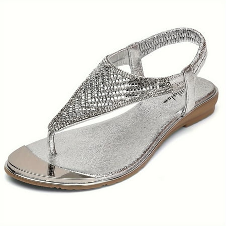 

NAYUKA Solid Color Glitter Sandals Elastic Ankle Strap Lightweight Soft Sole Beach Shoes Rhinestone Decor Clip Toe Shoes