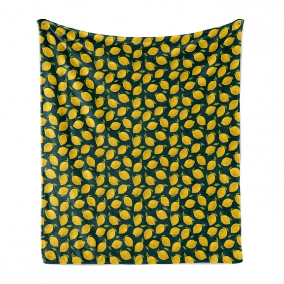 Lemons Soft Flannel Fleece Throw Blanket, Citrus Cartoon with Leaves on Dark Background, Cozy Plush for Indoor and Outdoor Use, 70" x 90", Dark Teal Yellow, by Ambesonne