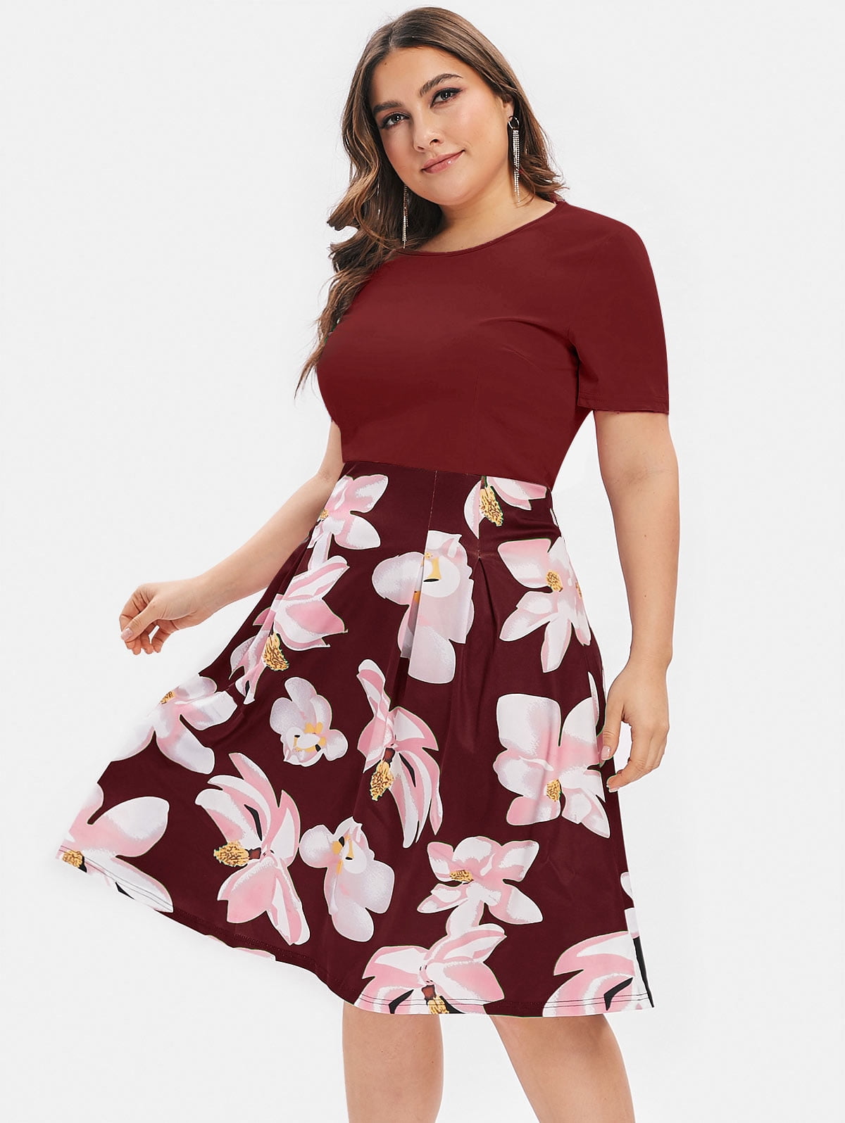 Women's Plus Size Flower Print Dress Deep VNeck Front Tie Wrap