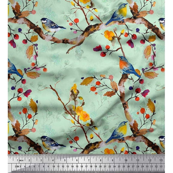 Soimoi Green Cotton Duck Fabric Tree & American Robin Watercolor Print Sewing Fabric BTY 44 Inch Wide