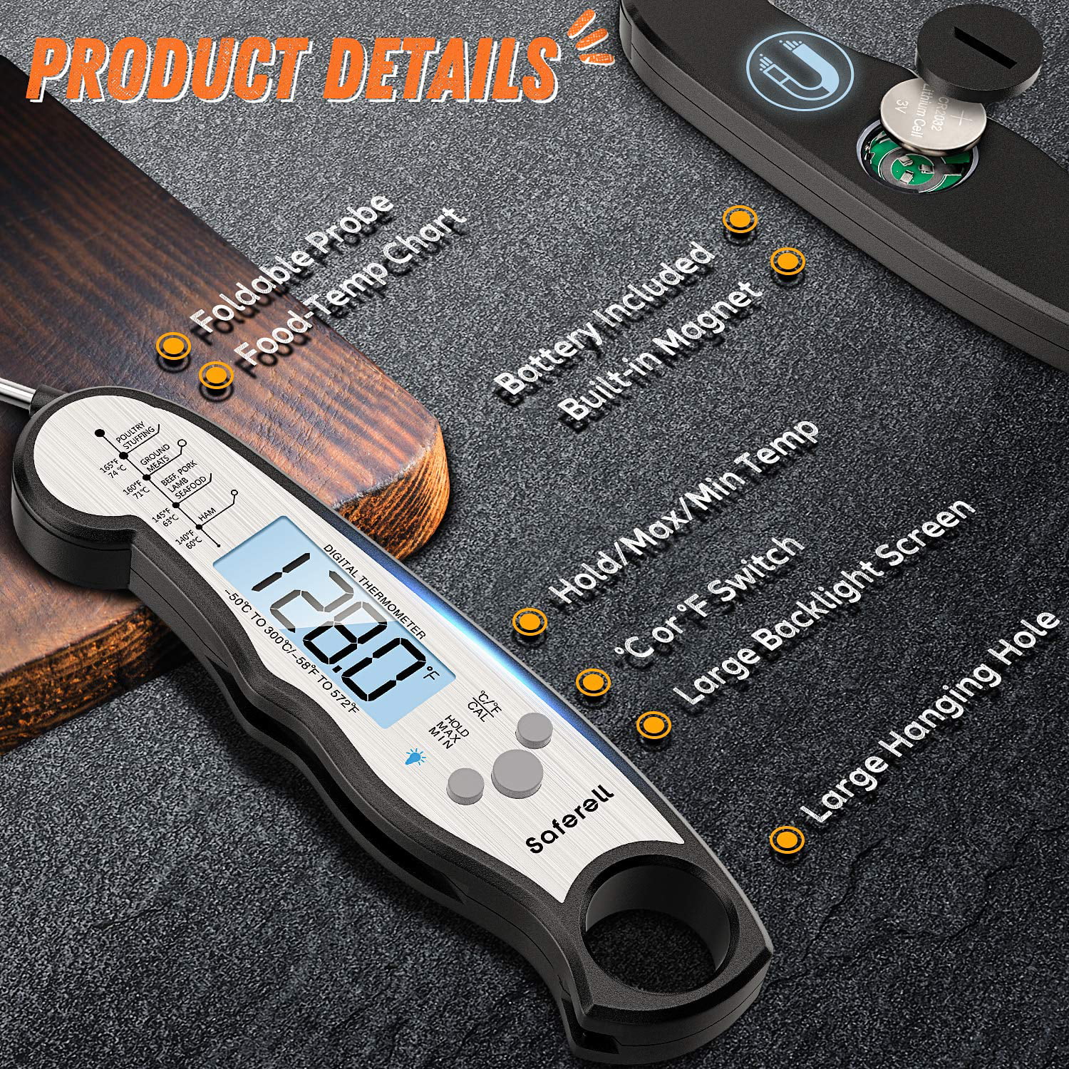Saferell Instant Read Meat Cooking Digital Thermometer (DT-68) - NIB  720524360892