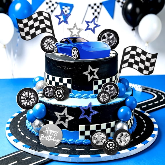 Blue Sports Car Themed Birthday Cake Decoration Set - Vibrant Party Decoration Accessories, Suitable for Birthday Parties, Theme Parties, and Celebrations