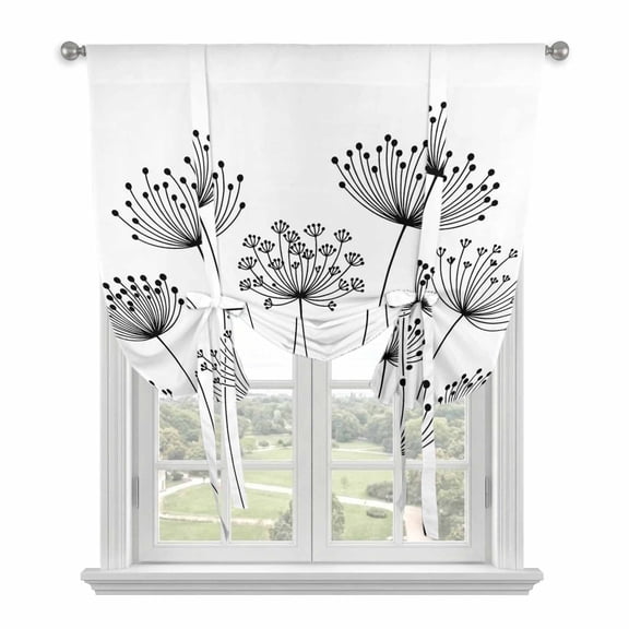 Black Dandelion Tie Up Curtains for Windows, Adjustable Balloon Window Shades, Country Modern Minimalist Flower Kitchen Window Treatments Adjustable Roll Up Curtain for Basement/Nursery 52"x45"