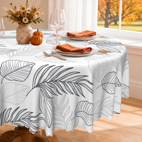 Nanqianyi Round Tablecloth 60 inch Waterproof, Black And White Leaf Pattern, Modern Style Indoor Kitchen Decor Table Cover