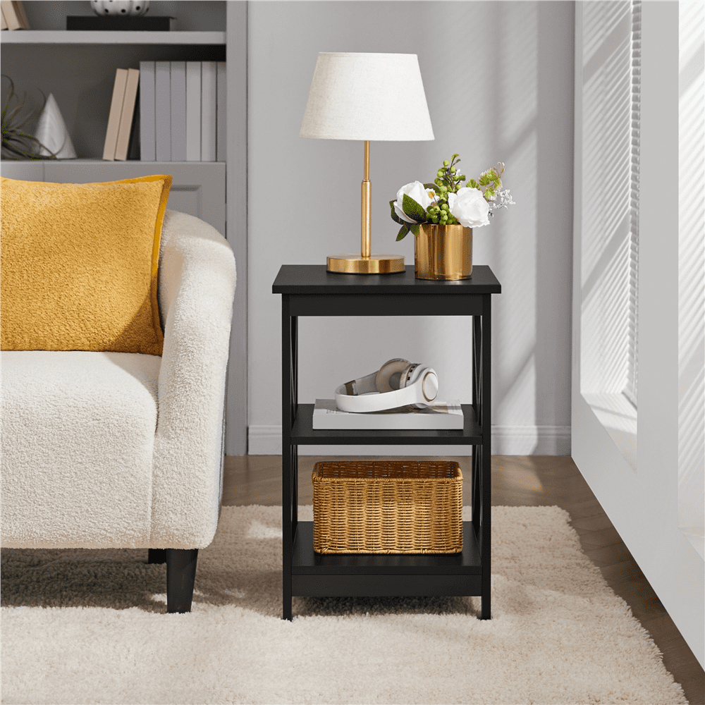 Renwick 3 Tier Wood X Shape Square End Table for Living Room, Black