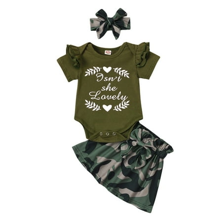 

QWERTYU Newborn Infant Baby Toddler Short Sleeve Outfits Clothing Set Summer Ruffle Bodysuit and Camouflage Skirt Set Letter Print with Headband for Girl 0-2Y