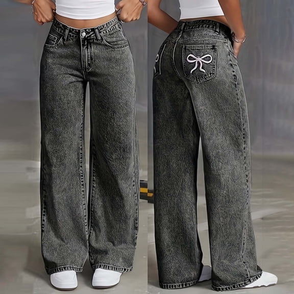 YMNXA Big Kids Girls Denim Pants High Waist Straight Fit Wide Leg Bow Embroidered Fashion Trousers With Pockets Streetwear For Casual Daily Wear,Grey,11-12 Years