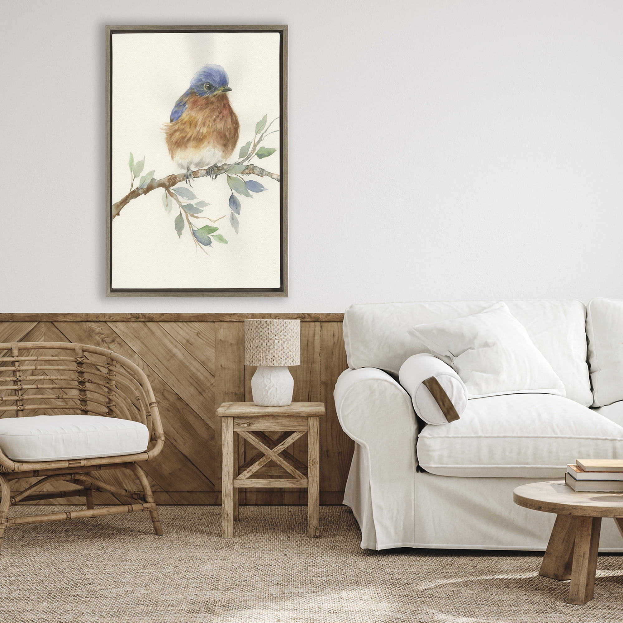 Stupell Industries Songbird Perched on Branch Brown Framed Floater Canvas Wall Art, design by Cady Driver