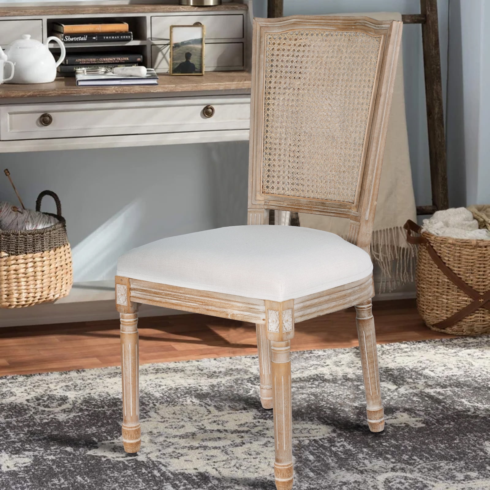 French Dining Chairs Set of 2 Beige Natural Fabric Square Back with Solid Wood Legs and Frame for Bedroom Dining Room Kitchen