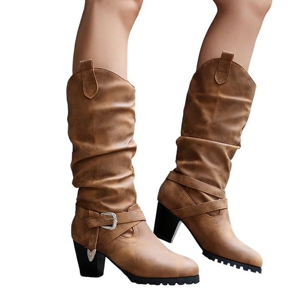 Slouchy Mid Calf Boots for Women Casual Leather Trendy Buckle Strap Chunky Heel Lug Sole Pull on Western Long Booties Brown Size 9
