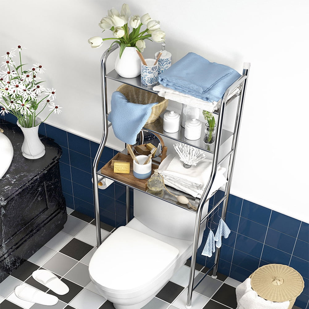 Over The Toilet Storage Shelf,3 Tier Bathroom Organizer with Toilet Paper Holder&Removable Towel Hooks,Space-Saving