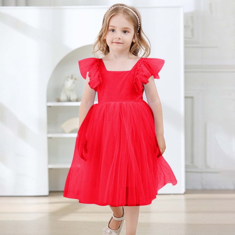 5t red dress FAOWME Girls Dress Ruffle Short Sleeve Square Neck Backless Tutu Dresses  Kids Wedding Elegant Princess Dress Clothing For Girls Red 4-5 Years
