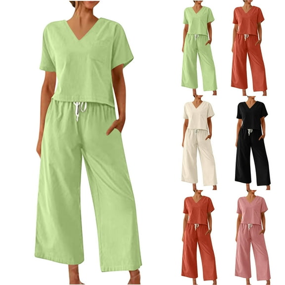 Feancey Capri Pant Sets for Women Cotton Linen Lounge 2 Piece Outfits Summer Short Sleeve V Neck Tops and Capris Matching Two Piece Set Beige XXL