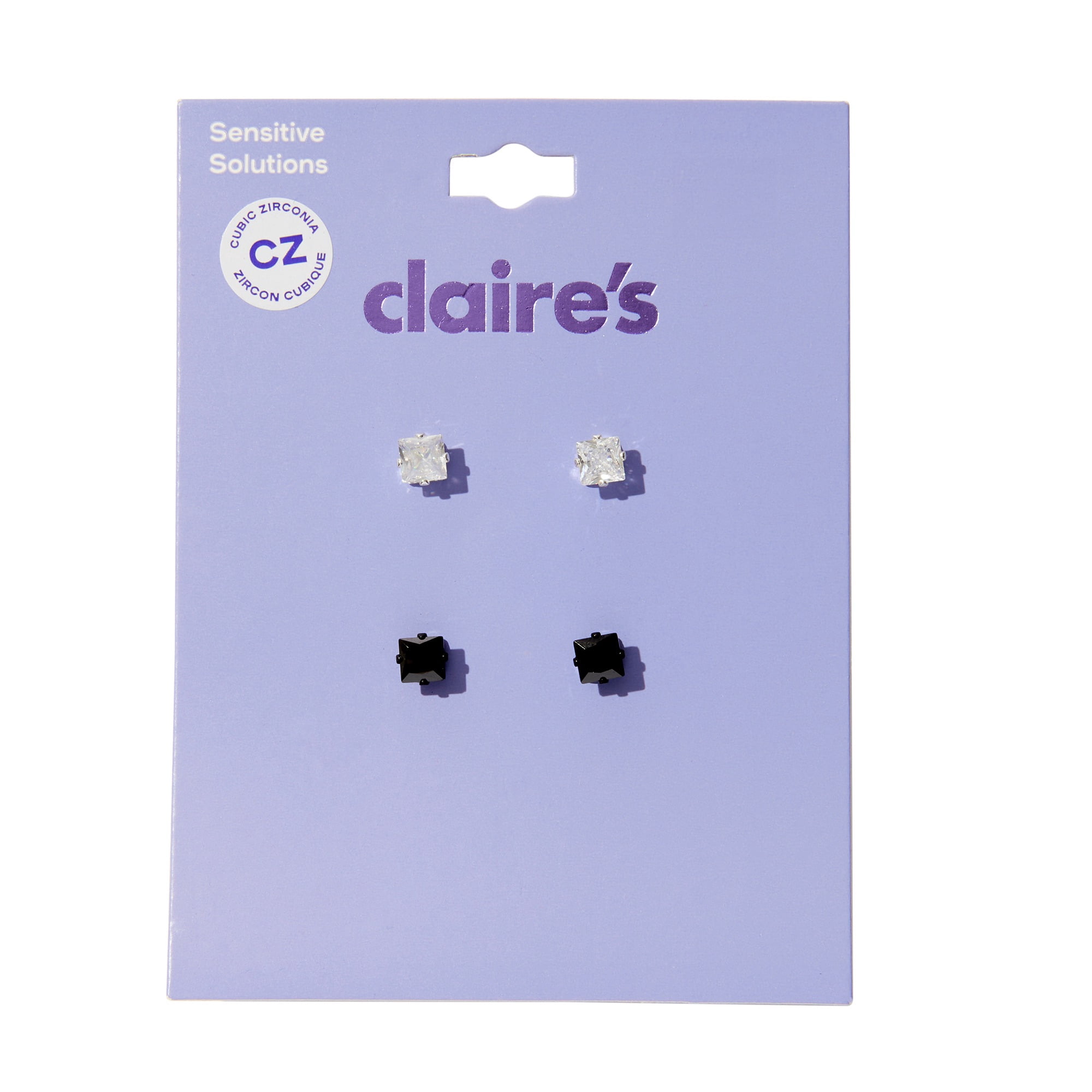 Claire's Teen Girls Clear and Black Cubic Zirconia Square Stud Earrings, 2-Pack, 5MM