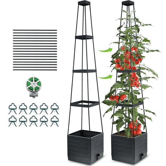 Raised Garden Bed Planter Box with Trellis, 58” Tomato Cage for Climbing Vegetables Fruits Flowers Cage w/Self-Watering, Indoor Outdoor Use