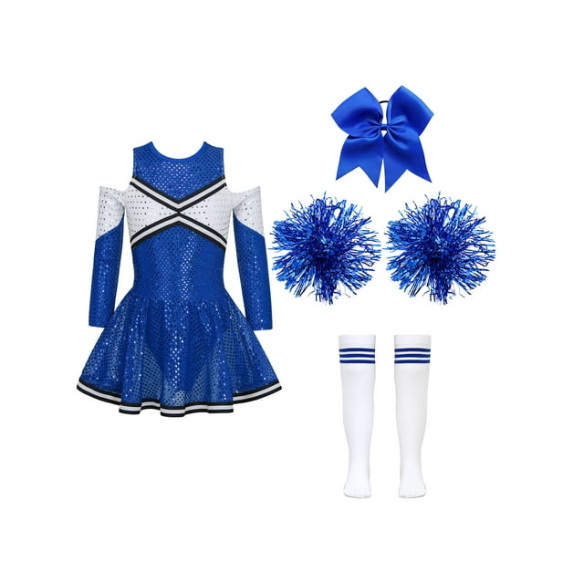 Moggemol Uniforme de Cheerleading Brillant pour Filles à Manches Longues Robe de Danse Tutu à Sequins Tenue de Cheerleading B1324 Bleu 14