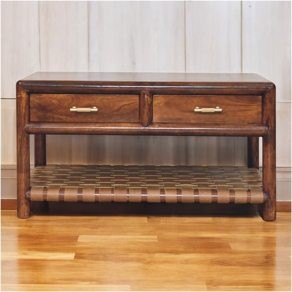 JERFIT Woven Console Table with Drawers, Solid Wood Entryway Sofa Table, Brown Chestnut Finish for Living Room