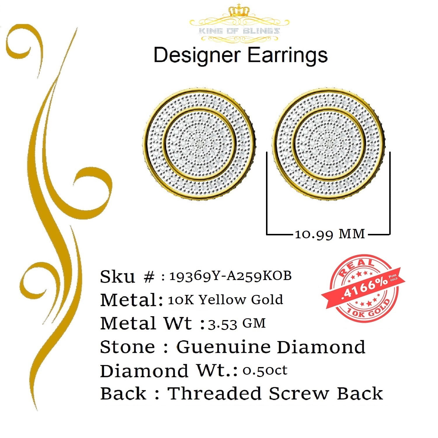King of Bling's 10K Real Yellow Gold Real Diamond 0.50CT Men's/Women's Round Stud Micro Earring