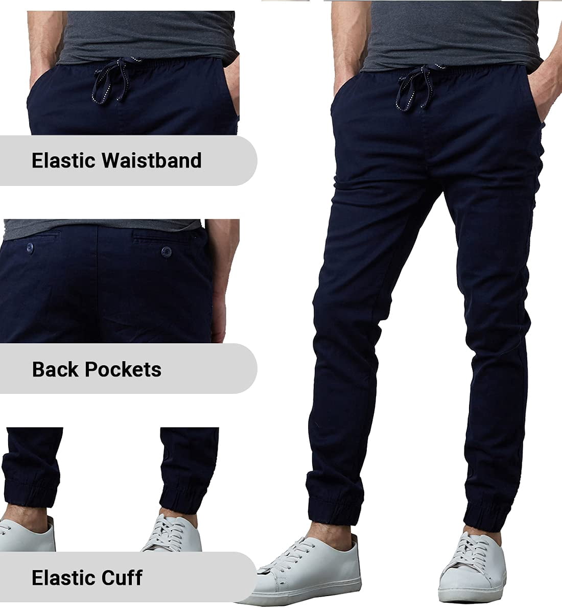 Galaxy by Harvic Men's Basic Stretch Twill Joggers Chinos Hiking Drawstring Navy