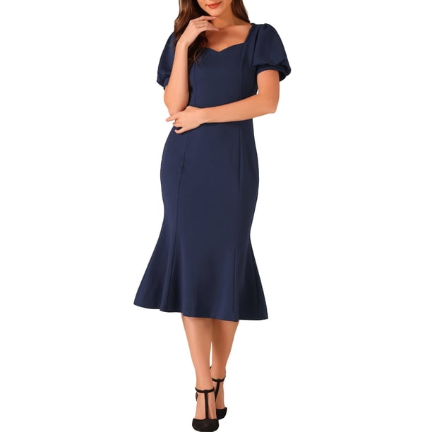 INSPIRE CHIC Vestidos Elegantes de Negocios para Mujeres con Escote Corazón, Manga Corta Abullonada, Vestido Midi Sirena XS Azul Oscuro