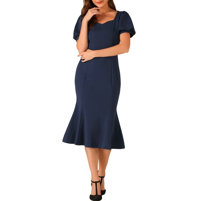 INSPIRE CHIC Vestidos Elegantes de Negocios para Mujeres con Escote Corazón, Manga Corta Abullonada, Vestido Midi Sirena XL Azul Oscuro
