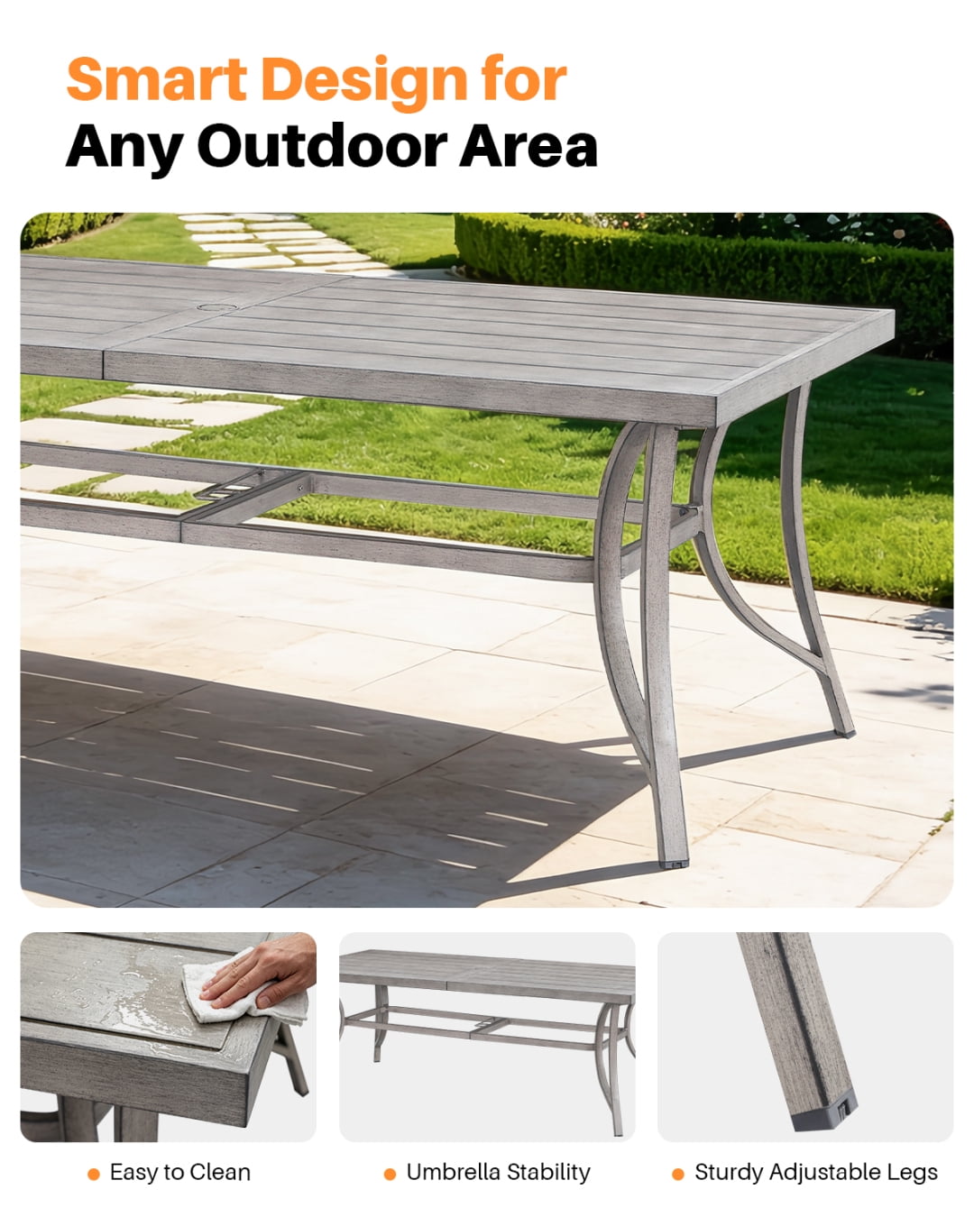 84" Outdoor Rectangle Dining Table for 8 with Umbrella Hole, Aluminum Sturdy Frame, Limed Oak