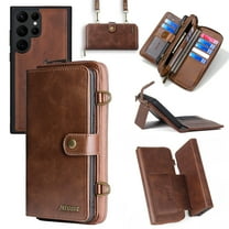 Dteck Detachable 2 in 1 Wallet Case for Samsung Galaxy S25 Ultra with Wrist Strap,Crossbody Shoulder Strap, Magnetic 9  Card Slots Zipper Purse Phone Cover, Brown