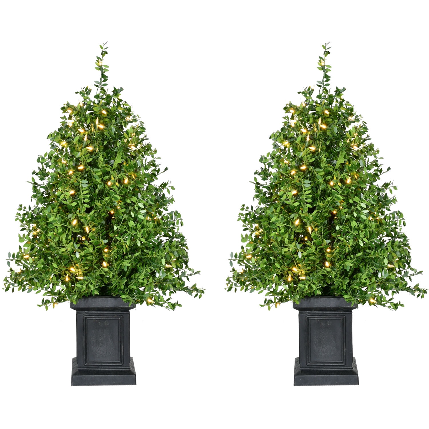 Fraser Hill Farm Set of 2 Boxwood Tree in Black Pot, 36 Inches Tall | Great Outdoor Holiday Decor | Faux Tree with Warm White LED Lights | FFBXPT036-5GR1/S2