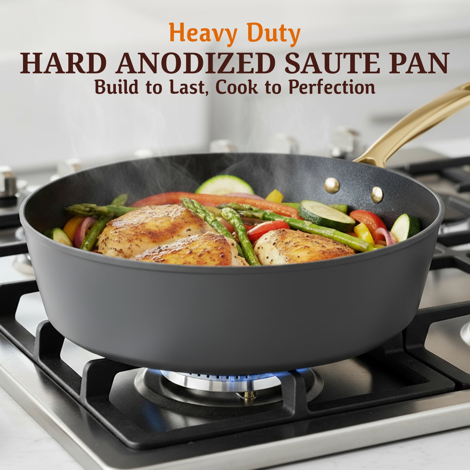 Granitestone Armor Max 11 Inch Frying Pan, Hard Anodized Skillet Non Stick, 4 Quart Saute Pan with Lid, Multipurpose Cooker, Jumbo Cooker NonStick Deep Frying Pan, Skillet, Gold Handles